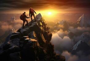 Two people helping each other on a mountain top photo