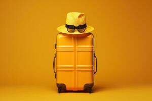 Yellow suitcase and a hat. photo