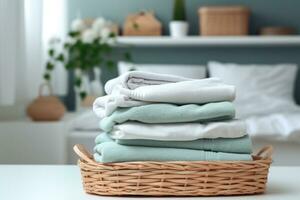 Basket of clean and towels placed in a laundry room photo