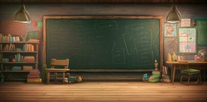 A classroom with a blackboard, desk, pens, and school supplies photo
