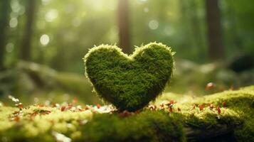 Moss heart at the forest, in the style of romantic and nostalgic themes photo
