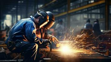 Workers are welding metal at an industrial factory photo