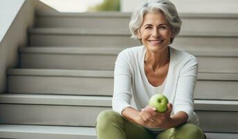 Woman sitting outdoors eating apple photo