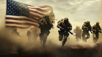 A group of soldiers are running ahead of a us flag photo