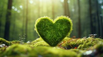 Moss heart at the forest, in the style of romantic and nostalgic themes photo