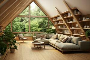 Attic living room with glass shelves 3d model photo