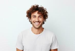 A curly haired man smiling against a white background photo