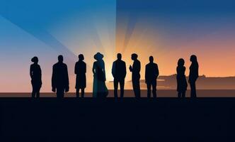 Group of people silhouette in the sunset photo
