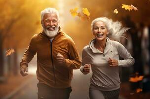 An older couple is jogging in an open field photo