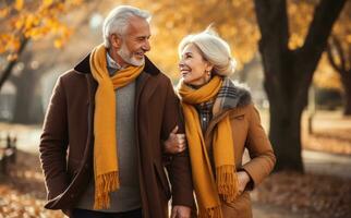 Old couple walking outside in autumn photo