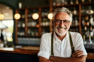 An old man is laughing in a pub photo