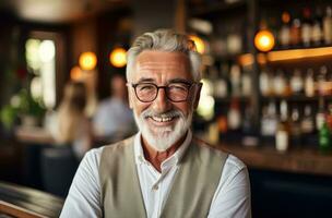 An old man is laughing in a pub photo