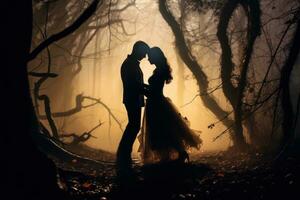 Woman and man kissing in the forest photo