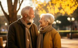 Old couple walking outside in autumn photo