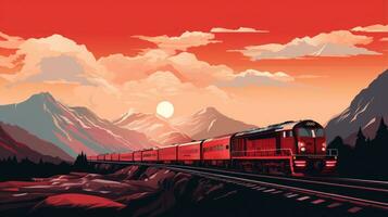 Freight red train on mountain background photo