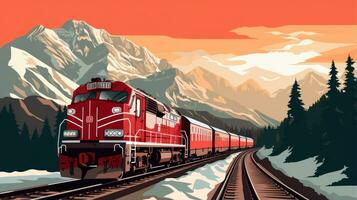 Freight red train on mountain background photo