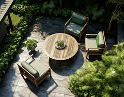 A green residential garden terrace scene with outdoor furniture photo