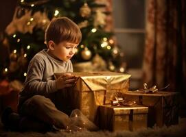 Boy with Christmas goft box photo