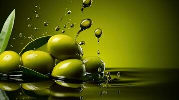 Olives and olive oil green background photo