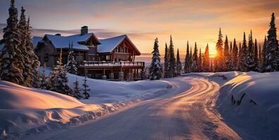 Hotel on the snow slope in beautiful country winter sunset photo