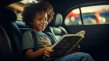 Little boy reading a magazine in a car photo