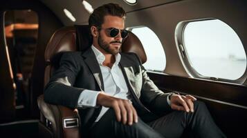 One handsome businessman relaxes on a plane photo