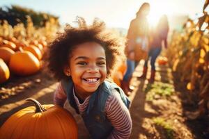 familias obtener divertido por cosecha calabazas a el calabaza parche foto