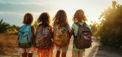 niños participación mochilas en pie en frente de un calle foto