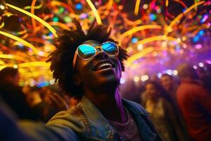 un contento hombre en un negro cuero chaqueta vistiendo vr lentes y bailes con papel picado a un fiesta foto