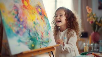 A little girl painting an abstract painting on an easel photo