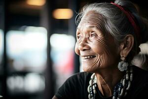 un sonriente mayor mujer es sentado a un café foto