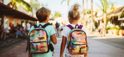 niños participación mochilas en pie en frente de un calle foto