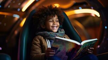 Little boy reading a magazine in a car photo