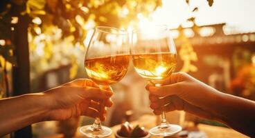 Several friends toasting at a table outdoors with wine photo