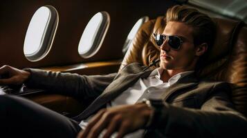 One handsome businessman relaxes on a plane photo