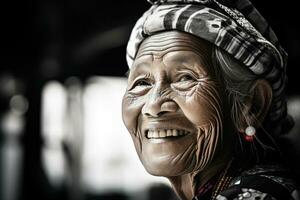 mayor mujer sonriente en un tarde foto