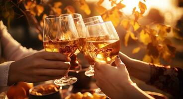 Several friends toasting at a table outdoors with wine photo