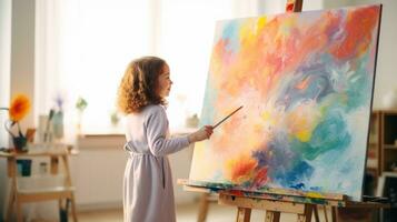 A little girl painting an abstract painting on an easel photo