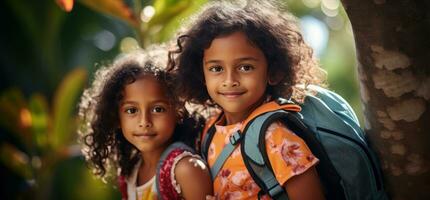 Kids holding backpacks standing in front of a street photo