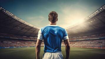 A soccer player standing in the stadium photo