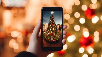 un mano participación un teléfono con un Navidad árbol antecedentes foto