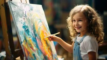 A little girl painting an abstract painting on an easel photo