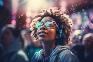 un contento hombre en un negro cuero chaqueta vistiendo vr lentes y bailes con papel picado a un fiesta foto