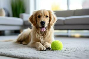 Dog taking off his leash and playing with green ball photo