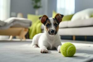 Dog taking off his leash and playing with green ball photo