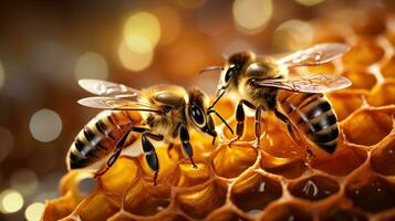 Bees occupying honeycombs in the early morning photo