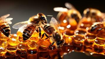 Bees occupying honeycombs in the early morning photo