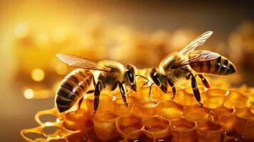 Bees occupying honeycombs in the early morning photo