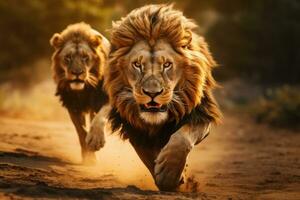 The lions running wild in front of a natural background photo