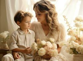 Mother with son with flowers photo